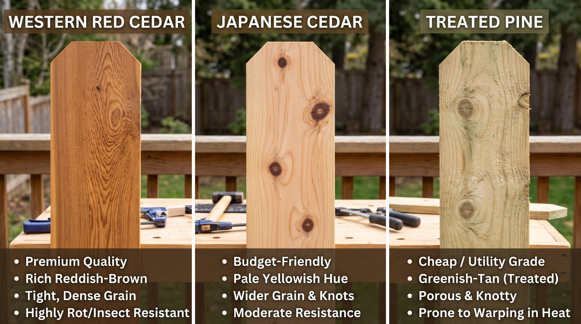Three dog-eared fence pickets standing side by side on a workbench: Western Red Cedar in rich reddish-brown with a tight dense grain, Japanese Cedar in pale yellowish tan with wider grain and knots, and pressure-treated pine with a greenish-tan tint and porous, knotty surface.