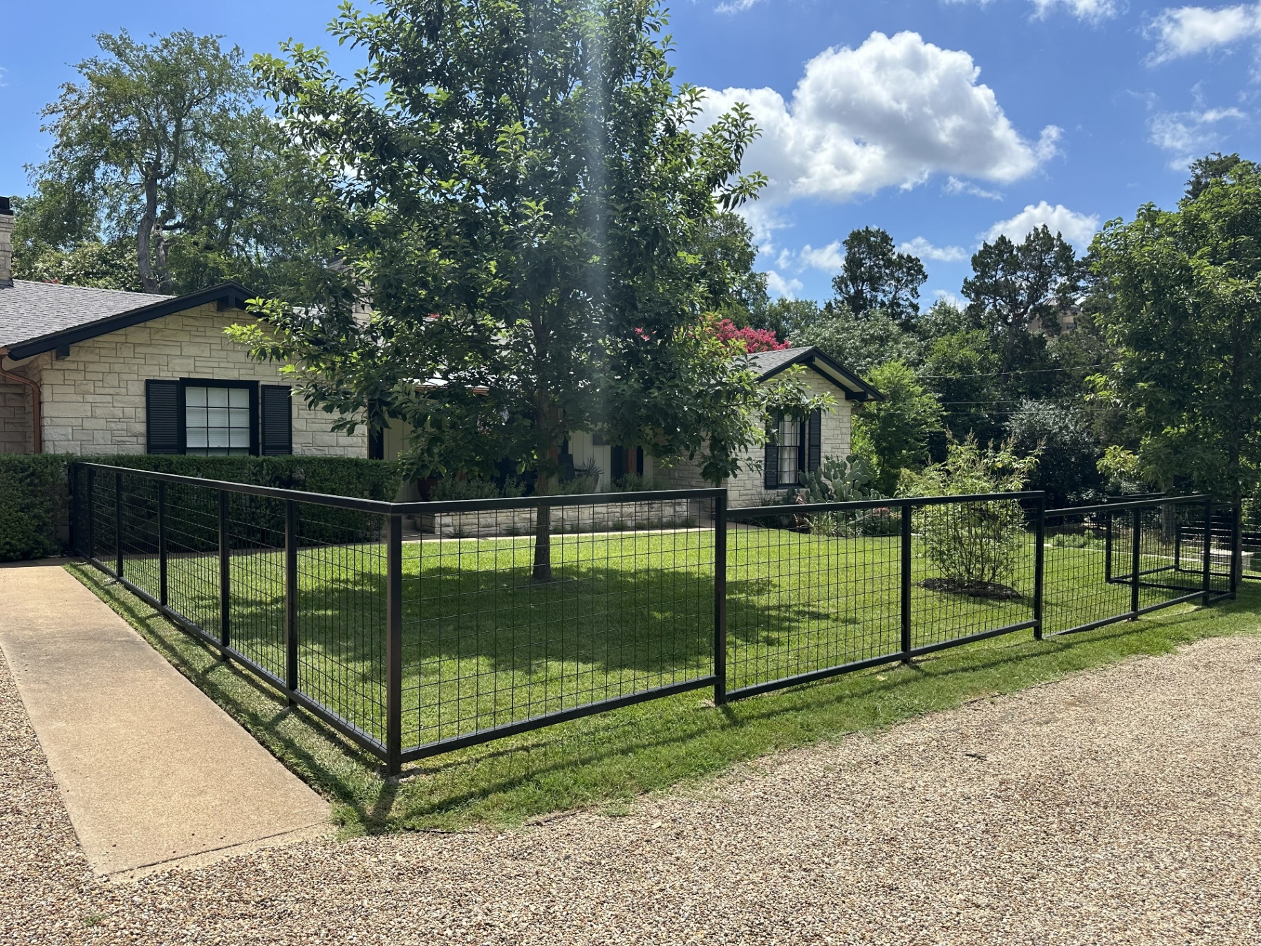 Black metal-frame welded wire mesh fence with flat-topped horizontal rails and slender square black posts set in a green front lawn, in front of a cream stone home.