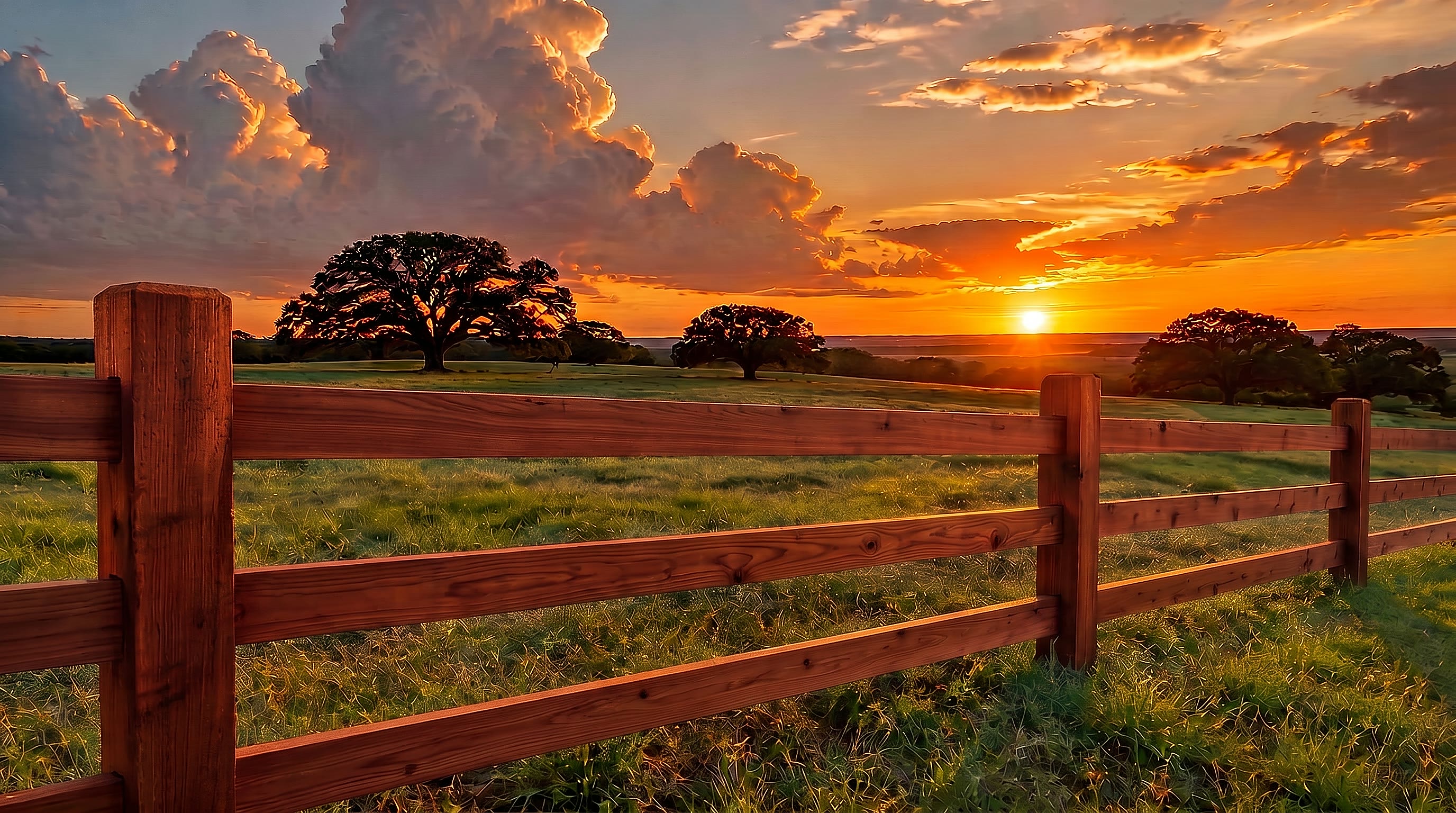 Cedar post and rail fence stained warm cedar across a Texas pasture at sunset